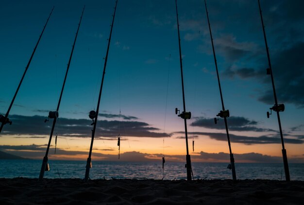 Deep sea fishing reel on a boat during sunrise