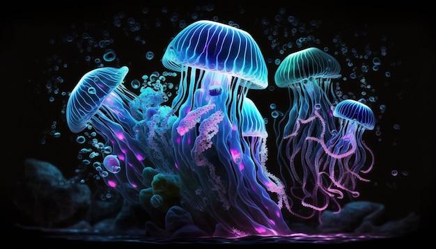 Deep sea glowing jelly fishes on dark background Generative AI