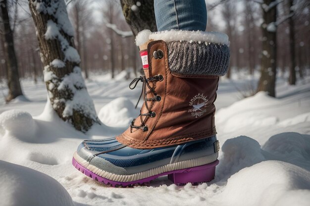 Deep snow boots on thick snow in cold winter beautiful shoes to keep warm