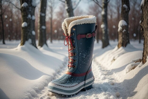 Deep snow boots on thick snow in cold winter beautiful shoes to keep warm