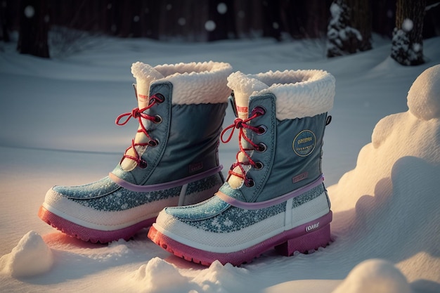 Deep snow boots on thick snow in cold winter beautiful shoes to keep warm