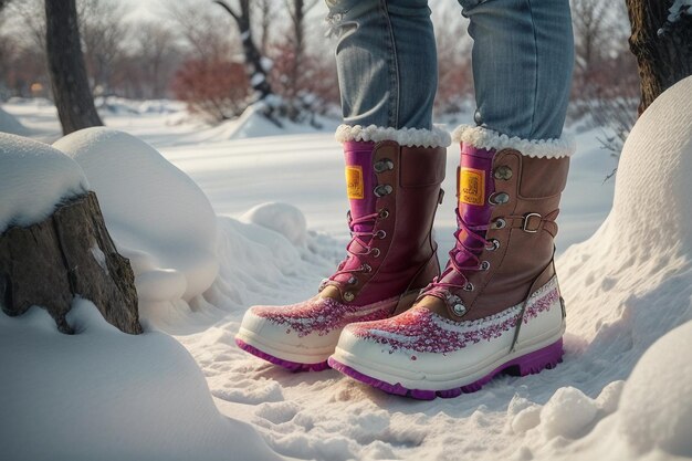 Photo deep snow boots on thick snow in cold winter beautiful shoes to keep warm