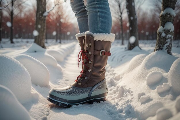 Photo deep snow boots on thick snow in cold winter beautiful shoes to keep warm