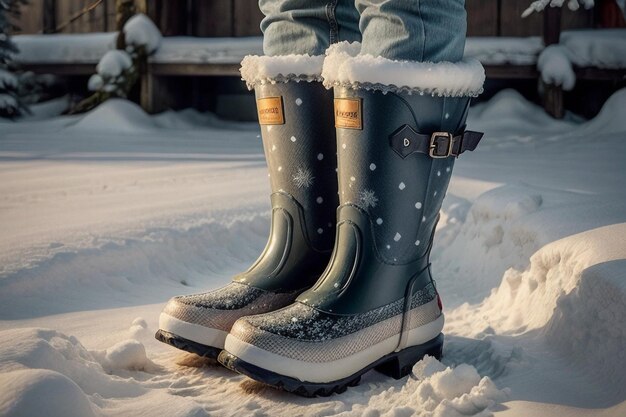 Photo deep snow boots on thick snow in cold winter beautiful shoes to keep warm