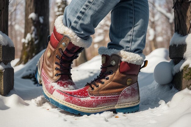 Photo deep snow boots on thick snow in cold winter beautiful shoes to keep warm