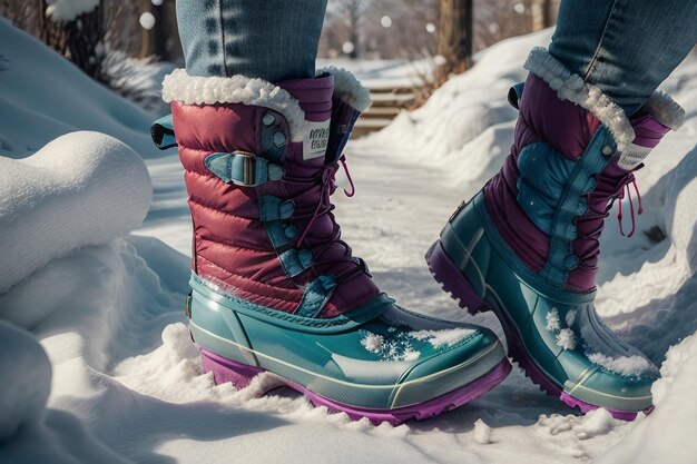 Foto stivali per la neve profonda sulla neve spessa nell'inverno freddo belle scarpe per tenere caldo