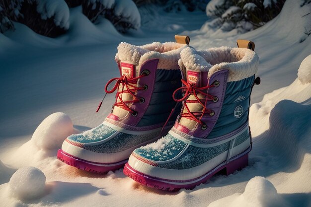 Deep snow boots on thick snow in cold winter beautiful shoes to keep warm