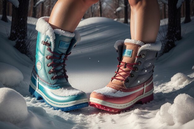 Deep snow boots on thick snow in cold winter beautiful shoes to keep warm