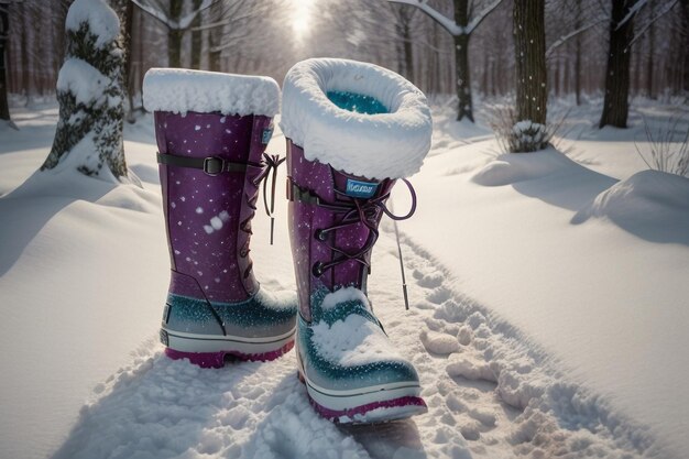 Foto stivali per la neve profonda sulla neve spessa nell'inverno freddo belle scarpe per tenere caldo