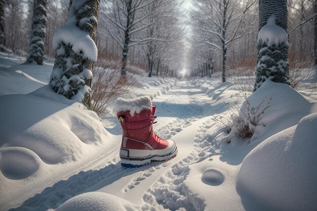 Deep snow boots on thick snow in cold winter beautiful shoes to keep warm