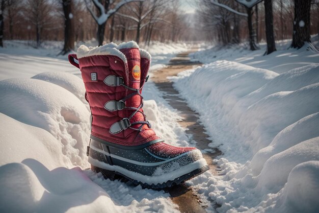 Photo deep snow boots on thick snow in cold winter beautiful shoes to keep warm