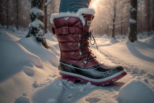 Deep snow boots on thick snow in cold winter beautiful shoes to keep warm