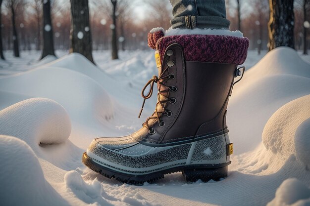 寒い冬の厚い雪の上で深い雪のブーツ 暖かく保つための美しい靴