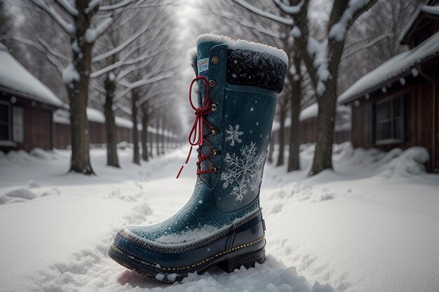 Photo deep snow boots on thick snow in cold winter beautiful shoes to keep warm