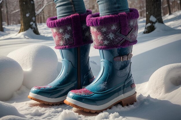 Deep snow boots on thick snow in cold winter beautiful shoes to keep warm