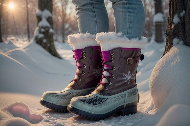 Photo deep snow boots on thick snow in cold winter beautiful shoes to keep warm