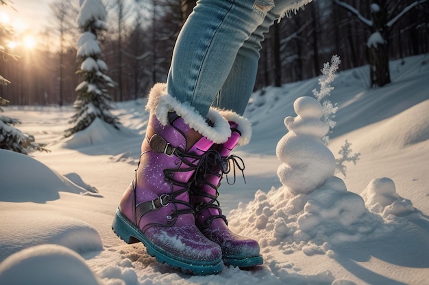 Photo deep snow boots on thick snow in cold winter beautiful shoes to keep warm