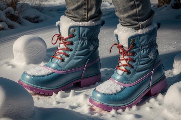 Deep snow boots on thick snow in cold winter beautiful shoes to keep warm