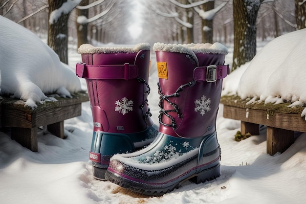 Photo deep snow boots on thick snow in cold winter beautiful shoes to keep warm