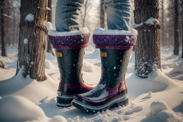 Photo deep snow boots on thick snow in cold winter beautiful shoes to keep warm