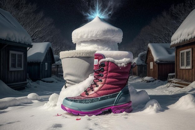 Deep snow boots on thick snow in cold winter beautiful shoes to keep warm