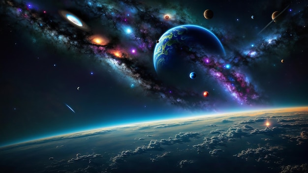 Deep space galaxy view with planets