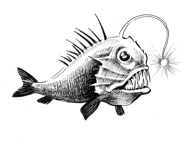 Deep water fish. Ink black and white drawing