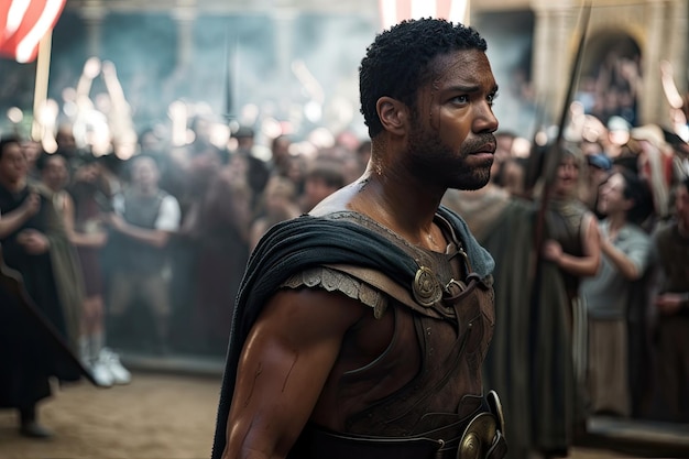 Deepfocus shot of gladiator with his sword in hand and the crowd visible in background