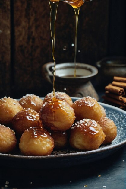 Photo deepfried dough balls drizzled with honey or syrup