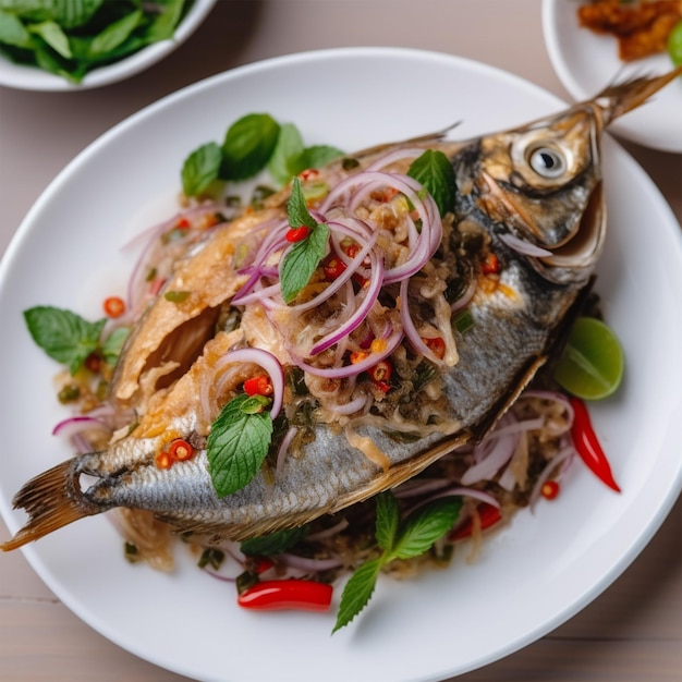 Photo deepfried mackerel topped with galangal pepper marinade