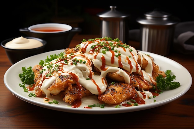 DeepFried Poultry with Creamy Sauce on a Plain Surface