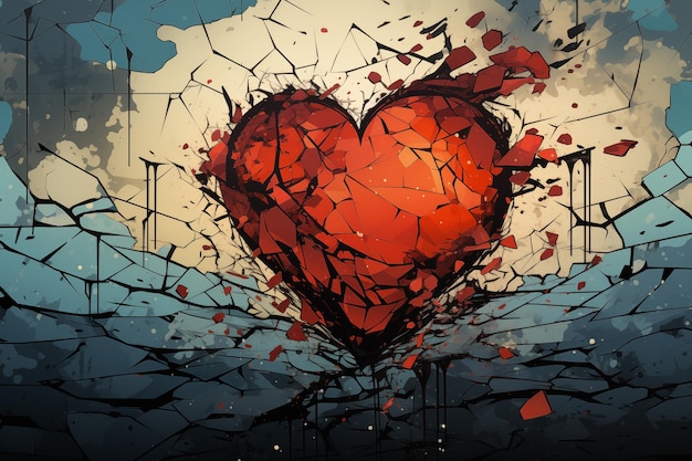 Глубоко эмоциональное и абстрактное цифровое изображение сердца, разбитого на куски.