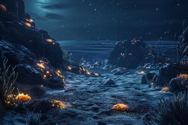 Photo deepsea scene with bioluminescent creatures and co