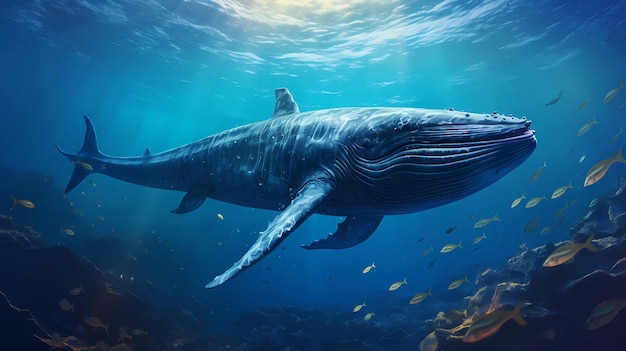 A deepsea view with a majestic blue whale swimming in the midst