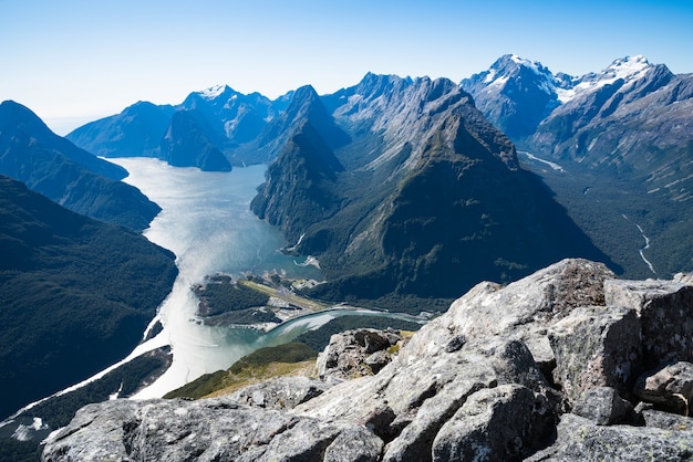 Deepwater Basin, Milford Sound and Mount Tutoko and Mount Madeline from Sheerdown Peak. Bowen Valley at centre and Tutoko Valley on right