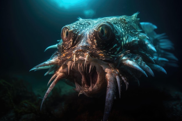 Deepwater fish at the bottom of the ocean A scary fish with big teeth Underwater world Generative AI