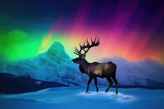 Deer against the backdrop of mountains and arctic sunset AI