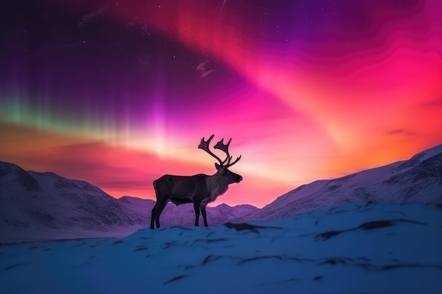 Deer against the backdrop of mountains and arctic sunset generative Ai