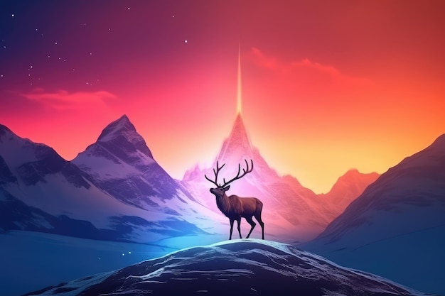 Deer against the backdrop of mountains and arctic sunset