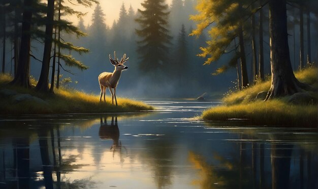 Photo deer against the background of forest and river