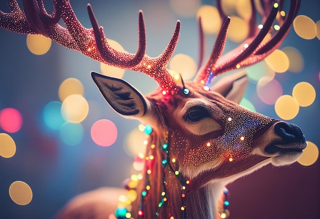 Deer against the background of lights garlands luminous balls and decorations during Christmas