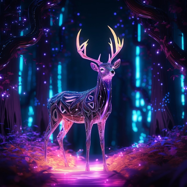 Photo deer animal thick forest neon light glowing image ai generated art