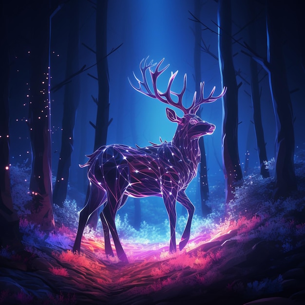 鹿の動物 厚い森 ネオン光 輝くイメージ AI生成のアート