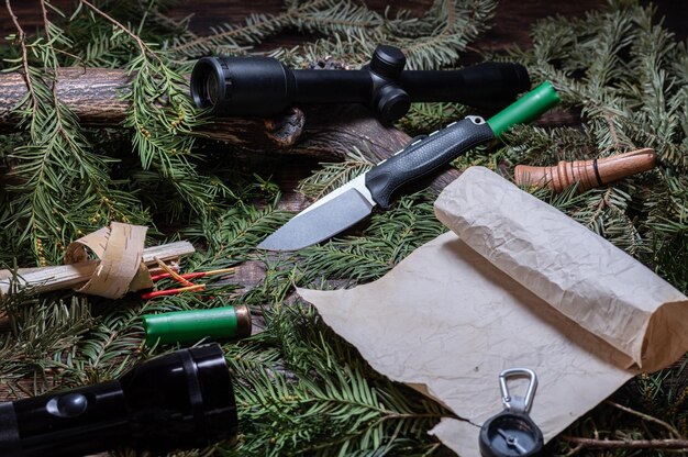 Deer antler hunting stuff Coniferous background Angled view