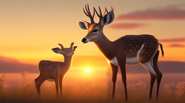 A deer and a baby are standing in front of a sunset