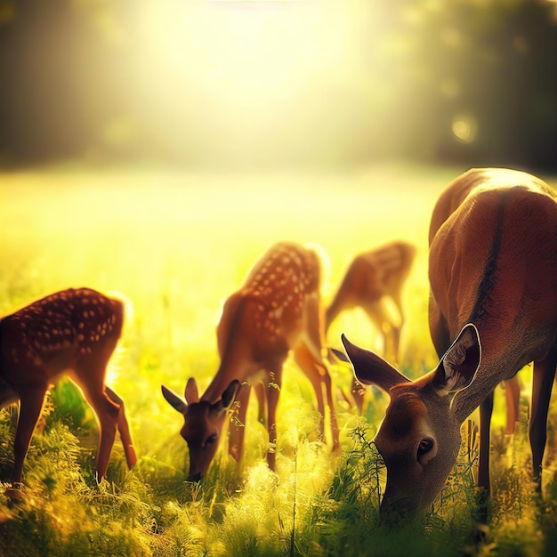 Deer bask in the gentle morning light as they feast on lush green grass