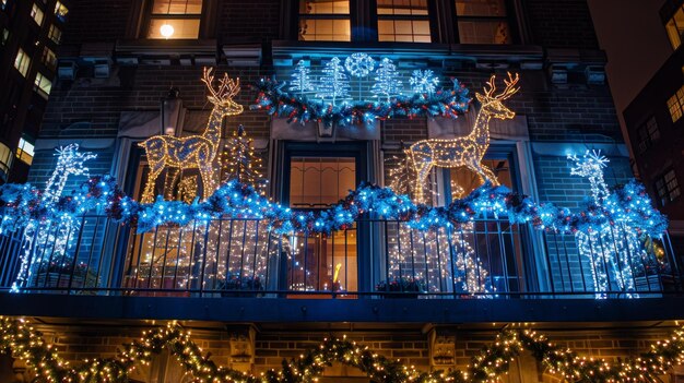 a deer on a building with a christmas decoration on the window