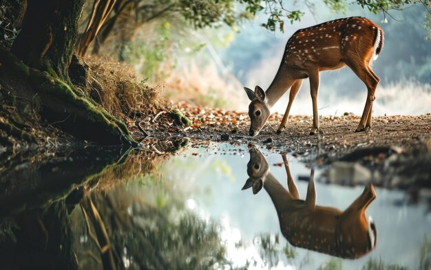 写真 慎重に水の穴に近づく鹿