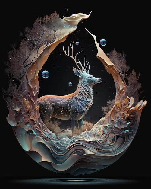 A deer in a circle with a fish in it