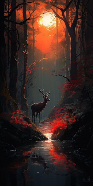 a deer in the dark forest with beautiful sun and spooky water in the style of macabre illustrations